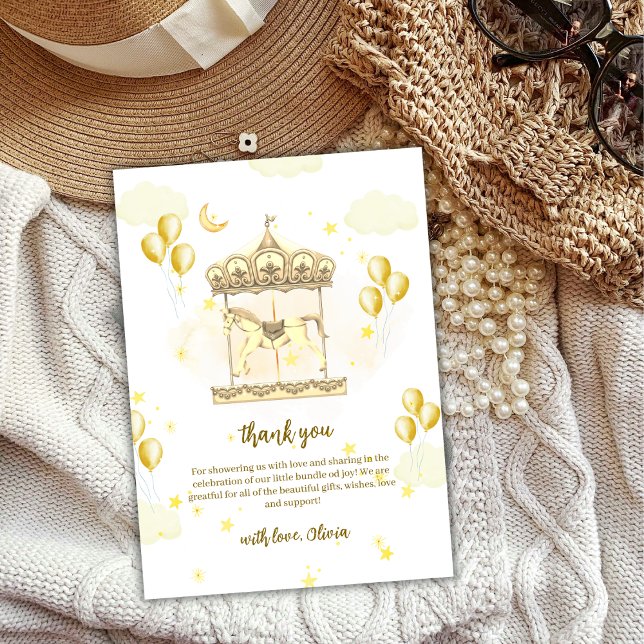Elegante Gold Magical Balloon Carousel Baby Shower Dankeskarte (Elegant Gold Magical Balloon Carousel Baby Shower Thank You Card)