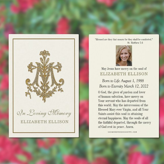 Elegante Gold-Marian Cross-Beerdigungskarte (Traditional Catholic Funeral Memorial Prayer Card)