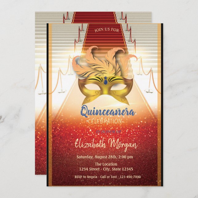 Elegante Gold Masque, Red Tepet Quinceanera Einladung (Vorne/Hinten)