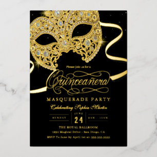 Elegante Gold-Masquerade-Quinceanera-Einladung Folieneinladung