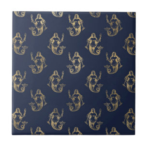 Elegante Gold Meerjungfrau Seamless Muster Navy Bl Fliese
