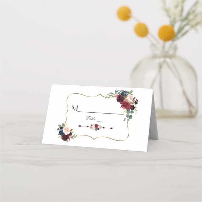 Elegante Gold Merlot Navy Blue Floral Tischnummer Platzkarte (Vorderseite)