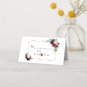Elegante Gold Merlot Navy Blue Floral Tischnummer Platzkarte