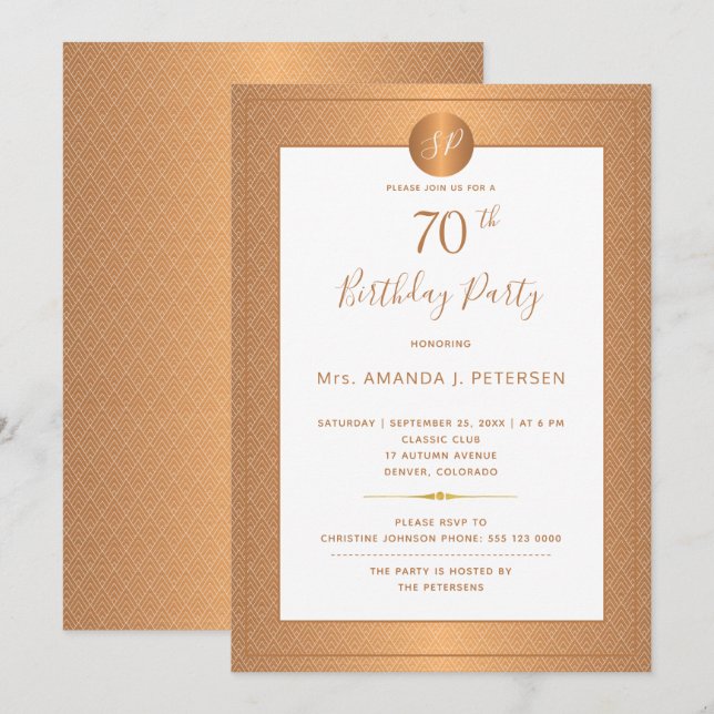 Elegante Gold Mit Monogramm Seventy Geburtstagspar Einladung (Vorne/Hinten)