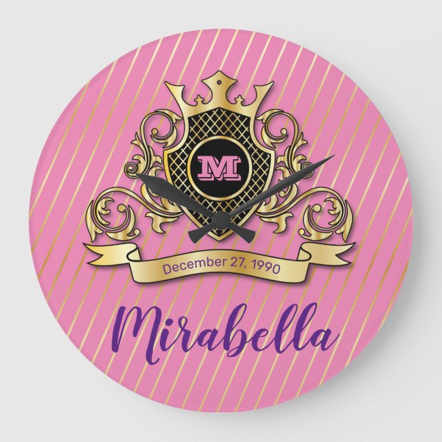 Elegante Gold Monagram modische Wall Clock Große Wanduhr (Vorderseite)