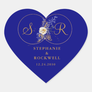 Elegante Gold Monogram auf Navy Blue Wedding Herz-Aufkleber