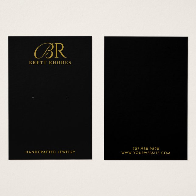 Elegante Gold Monogram Black Earring Display Card (Vorne & Hinten)