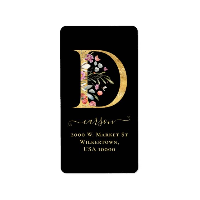 Elegante Gold Monogram D Floral Address Label Adressaufkleber (Vorne)