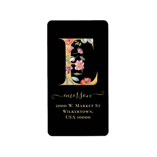 Elegante Gold Monogram E Floral Address Label Adressaufkleber (Vorne)