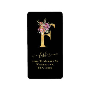 Elegante Gold Monogram F Floral Address Label Adressaufkleber