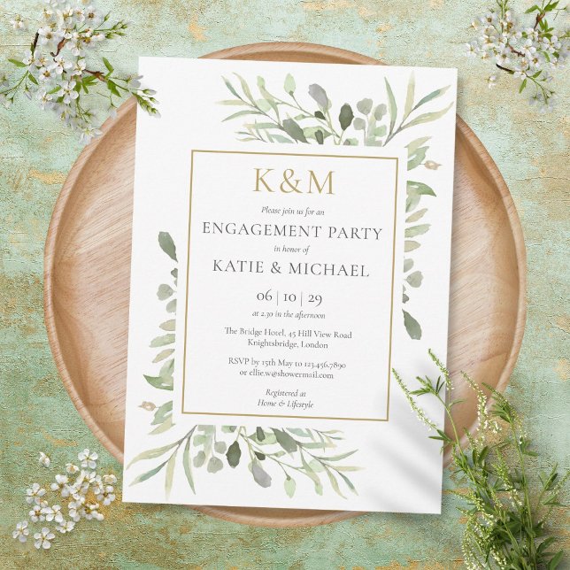 Elegante Gold Monogram Greenerity Engagement Party Einladung (Von Creator hochgeladen)
