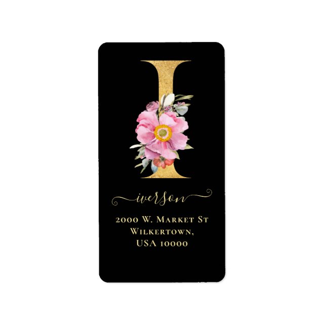 Elegante Gold Monogram I Floral Address Label Adressaufkleber (Vorne)