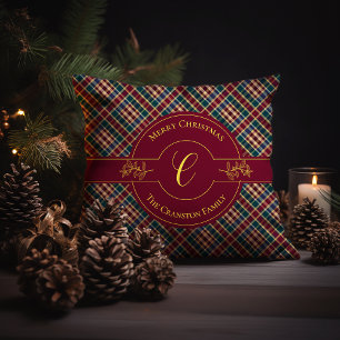 Elegante Gold Monogram Karierter Weihnachtsfeierta Kissen