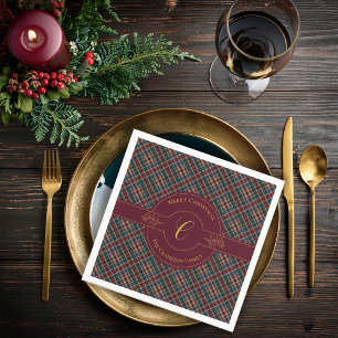 Elegante Gold Monogram Karierter Weihnachtsfeierta Serviette
