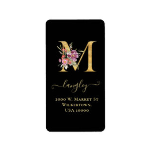 Elegante Gold Monogram M Floral Address Label Adressaufkleber