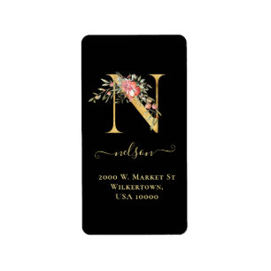 Elegante Gold Monogram N Floral Address Label Adressaufkleber