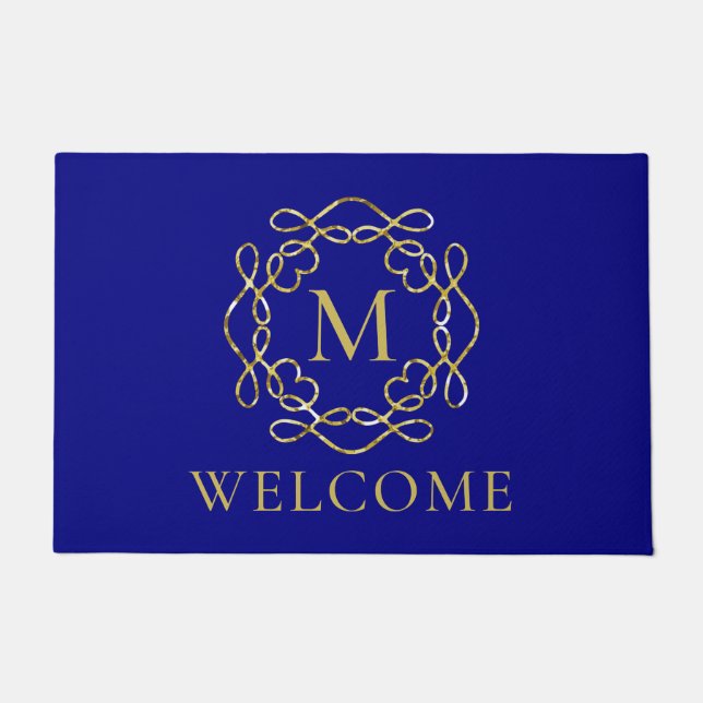 Elegante Gold Monogram Navy Blue Begrüßungstor Fußmatte (Vorderseite)