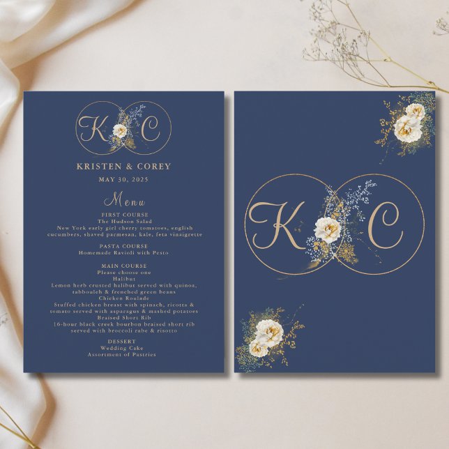 Elegante Gold Monogram Navy Blue Wedding Menükarte (Von Creator hochgeladen)