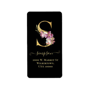 Elegante Gold Monogram S Floral Address Label Adressaufkleber
