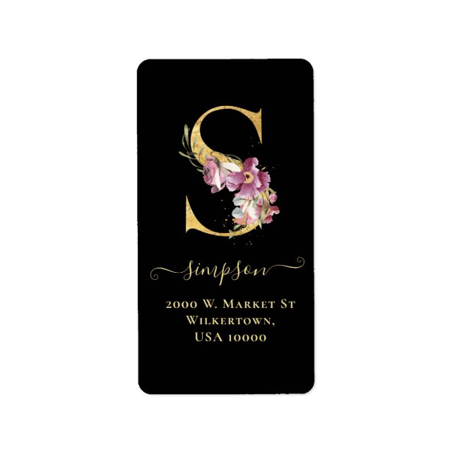 Elegante Gold Monogram S Floral Address Label Adressaufkleber (Vorne)