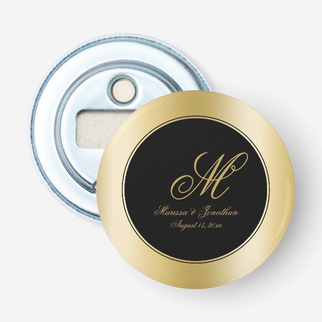 Elegante Gold Monogram Script Black Wedding Flaschenöffner (Vorderseite)