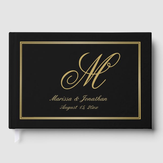 Elegante Gold Monogram Script Black Wedding Gästebuch (Vorderseite)