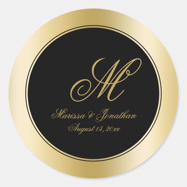 Elegante Gold Monogram Script Black Wedding Runder Aufkleber (Vorderseite)