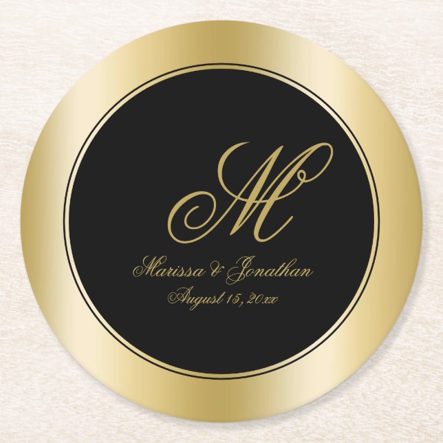 Elegante Gold Monogram Script Black Wedding Runder Pappuntersetzer (Vorderseite)