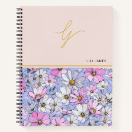 Elegante Gold Monogram Script Pink Blue Flowers Notizbuch