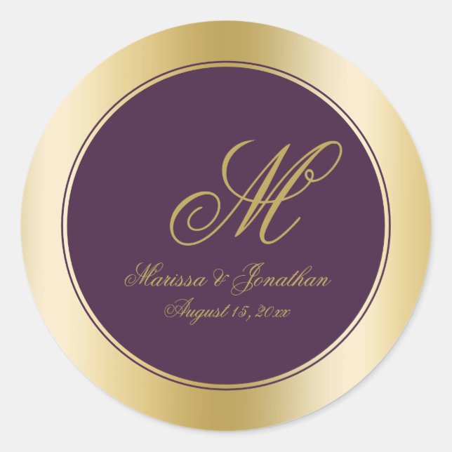 Elegante Gold Monogram Script Plum Lila Wedding Runder Aufkleber (Vorderseite)