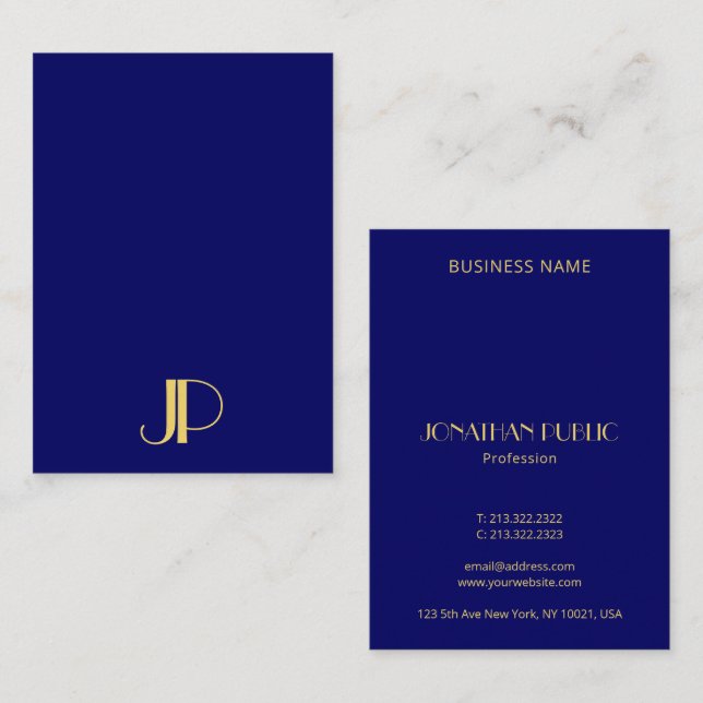 Elegante Gold Monogram Template Navy Blue Vertikal Visitenkarte (Vorne/Hinten)