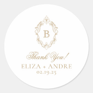 Elegante Gold Monogram Wappen Wedding Runder Aufkleber