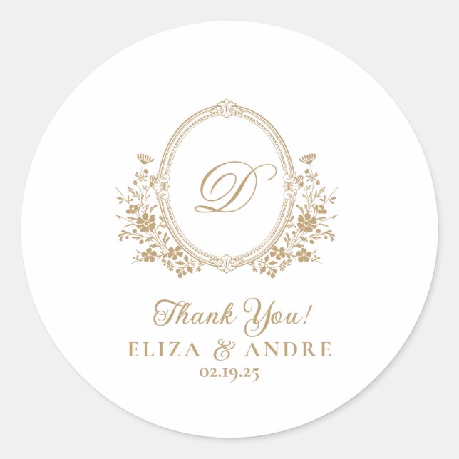 Elegante Gold Monogram Wappen Wedding Sticker (Vorderseite)