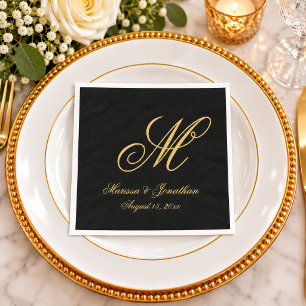 Elegante Gold Monogramm Schriftzug Schwarze Hochze Serviette
