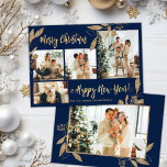 Elegante Gold Navy 4 Foto Collage Weihnachtskarte<br><div class="desc">Elegante, moderne Botanische Blätter aus Gold und Navy 4 Foto Collage Frohe Weihnachtskarte. Dieses festliche, mimimalistische, skurrile vier (4) Foto-Urlaubskarte-Template verfügt über eine hübsche Foto-Collage, Imitate Gold-Folie botanische Blätter, Winterbeeren und sagt Frohe Weihnachten und Glück Neues Jahr! Der Grußtext "Frohe Weihnachten und Glück im neuen Jahr" ist in einem handgeschriebenen...</div>