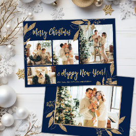 Elegante Gold Navy 4 Foto Collage Weihnachtskarte
