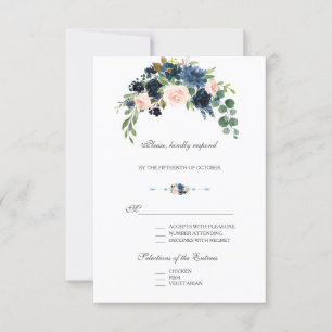 Elegante Gold Navy Blau Blush Blumen blühen RSVP Karte