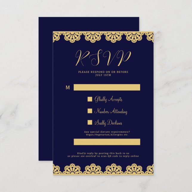 Elegante Gold Navy Blue Islamic QR Code RSVP Card Einladung (Vorne/Hinten)