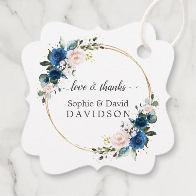 Elegante Gold Navy Blue Pink Blume Blütenhochzeit Geschenkanhänger (Rückseite)