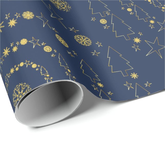 Elegante Gold Navy handrawn Weihnachtsmuster Geschenkpapier (Rolleneckpunkt)
