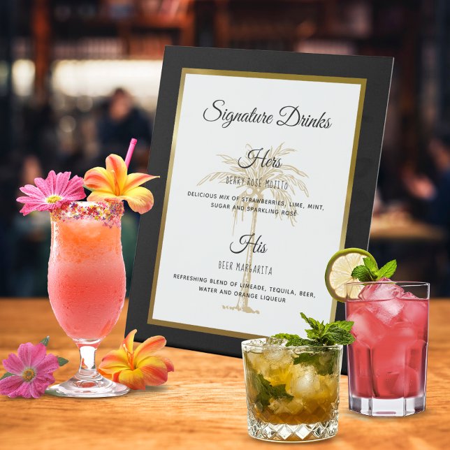 Elegante Gold Palm Tree Hochzeit Signature Drinks Sockelschild (Elegant Gold Palm Tree Wedding Signature Drinks Pedestal Sign)