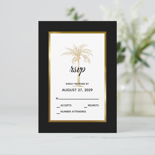Elegante Gold Palm Tree Moderne Hochzeit RSVP Karte (Stehend Vorderseite)