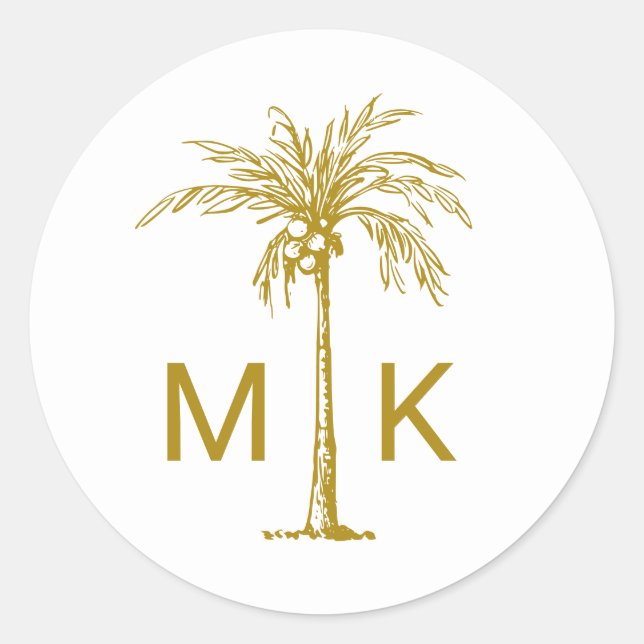 Elegante Gold Palm Tree Monogram Tropical Wedding Runder Aufkleber (Vorderseite)