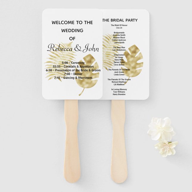 Elegante Gold Palm Verlass Wedding Program Hand Fa Fächer (Vorne und Hinten)