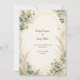 Elegante Gold Pampas Eukalyptus Hochzeit Luxus Einladung