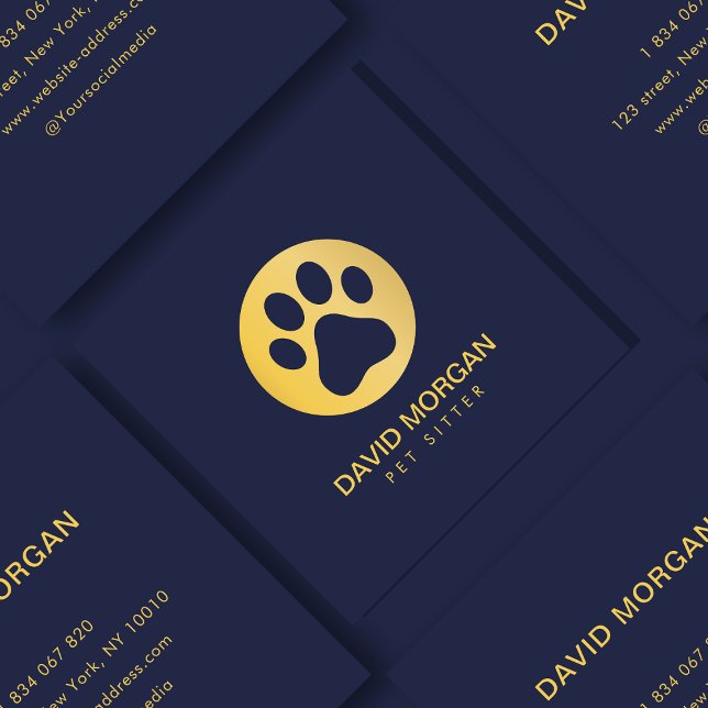 Elegante Gold Paw Print Pet Sitter Navy Blue Quadratische Visitenkarte (Von Creator hochgeladen)