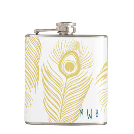 Elegante Gold Peacock Feathers Monogram Flask Flachmann