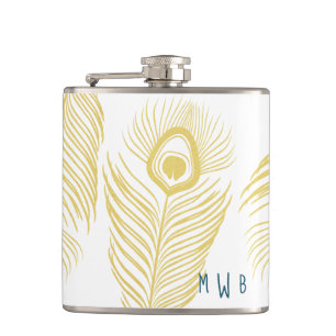 Elegante Gold Peacock Feathers Monogram Flask Flachmann