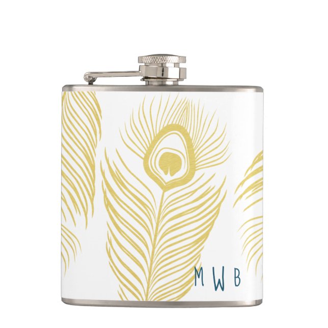 Elegante Gold Peacock Feathers Monogram Flask Flachmann (Vorderseite)