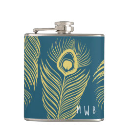 Elegante Gold Peacock Feathers Monogram Flask Flachmann